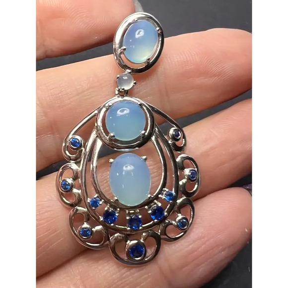 LAB CREATED BLUE SPINEL AND BLUE CHALCEDONY RHODIUM OVER SILVER EARRINGS - Picture 10 of 11